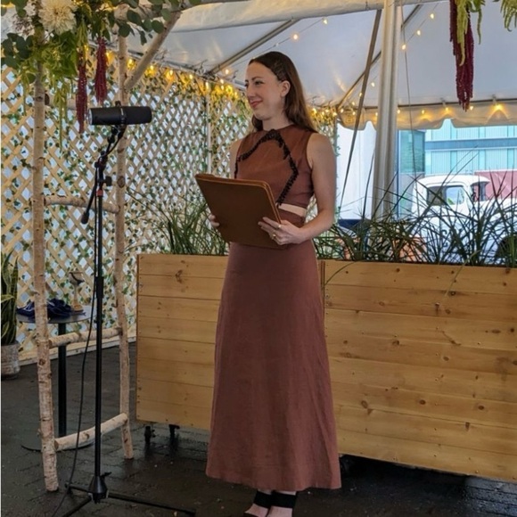 GANNI cut out waist brown linen beaded maxi dress - Picture 4 of 4